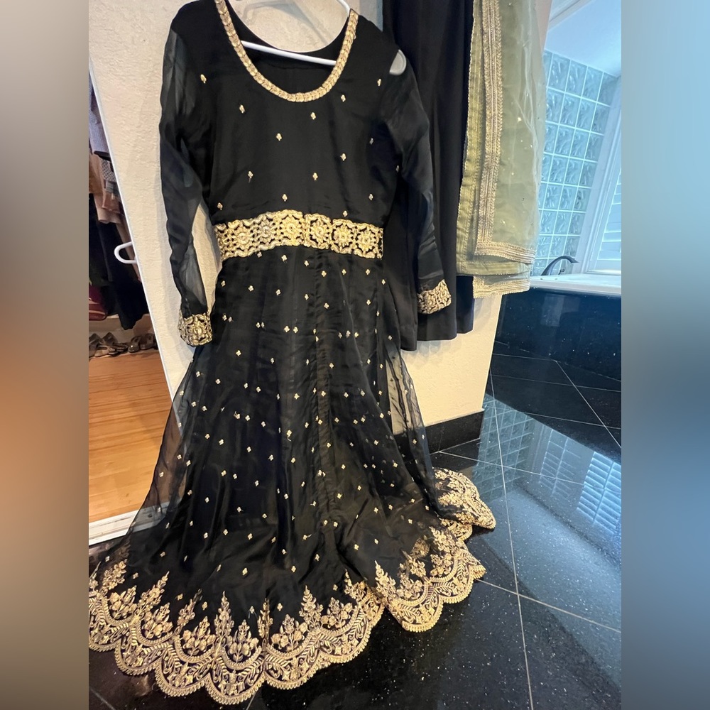 Black and gold long dress with plazzo pants and light Green scarf 3 pieces.